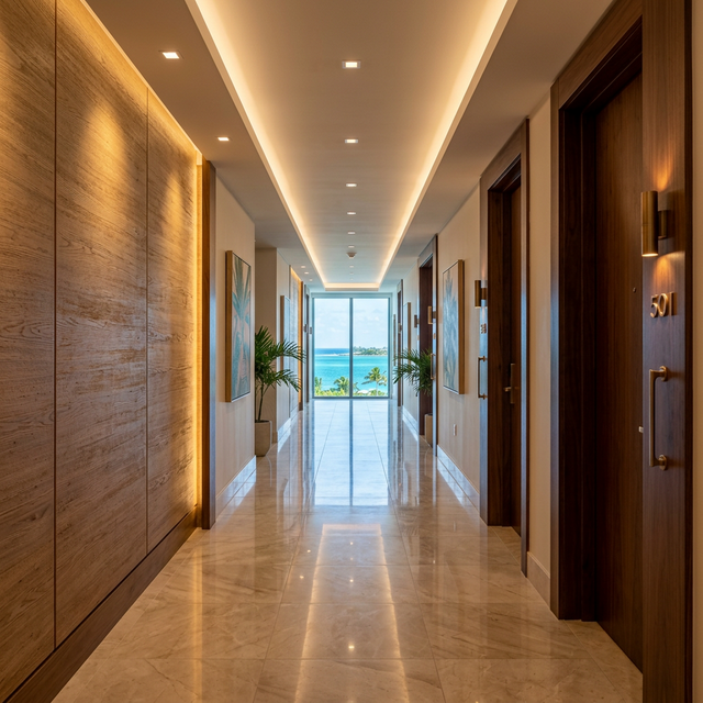 Linear cove lighting in a luxury oceanfront corridor