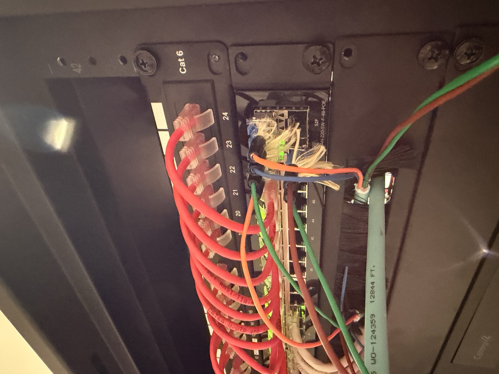 Cat6 patch panel in a network rack