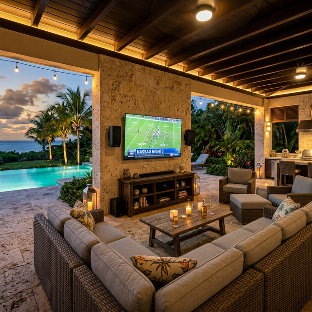 Outdoor television and audio on a Nassau poolside patio