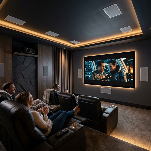 Home theater with in-ceiling surround speakers